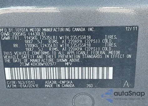 2011 Toyota Rav4 Sport z USA, uszkodzony, nr VIN 2T3WF4DV3BW102977